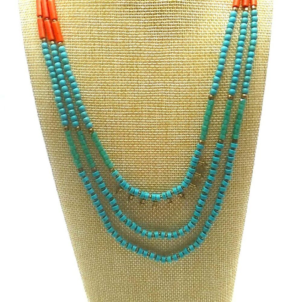 3 Strand Beaded Necklace Silver-tone Round Spacers & Spikes on 2 Leather Cords